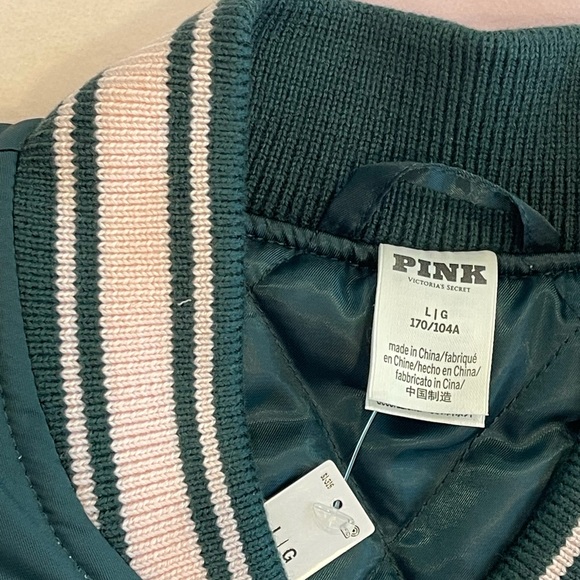 NWT VS PINK VARSITY JACKET DEEP IN FOREST LIMITED EDITION LARGE PLUS FREE TOTE - Picture 5 of 16